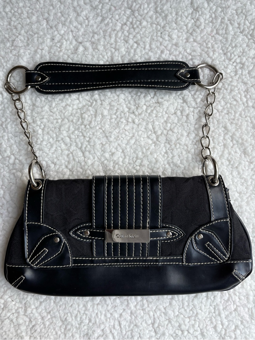 Calvin Klein Vintage Y2K Black Monogram Canvas Shoulder Bag Silver Chain